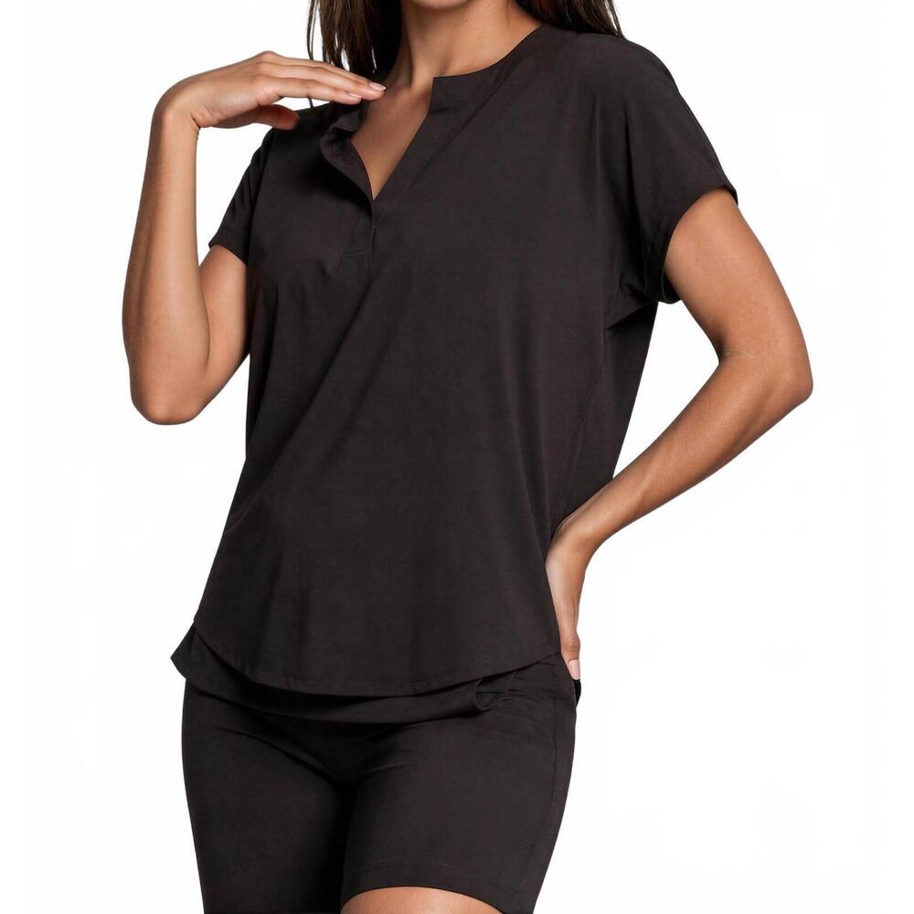 NEW BUKI resort vee short sleeve popover shirt in black